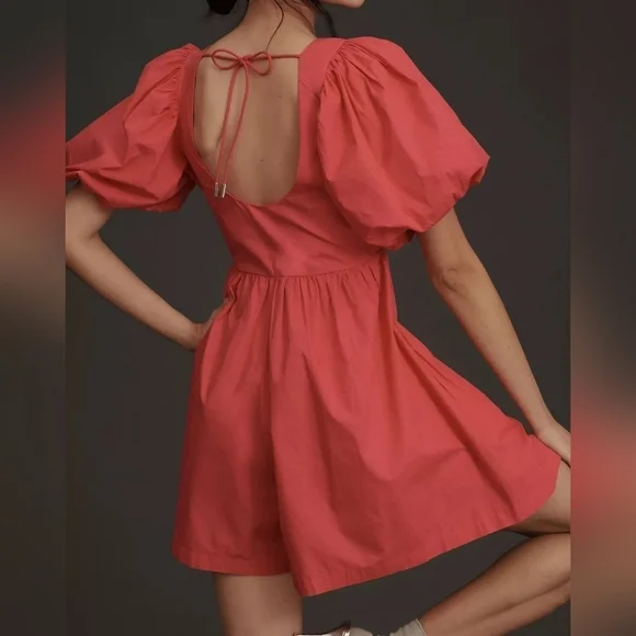 By Anthropologie Women's Puff-Sleeve Romper w Pockets, Fuchsia Hot Pink - Picture 3 of 13
